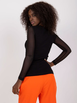 Czarna prążkowana bluzka z koronką i dekoltem w serek RUE PARIS