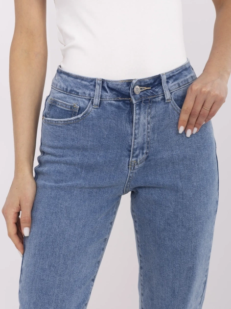 Niebieskie damskie jeansy mom stretch z kieszeniami