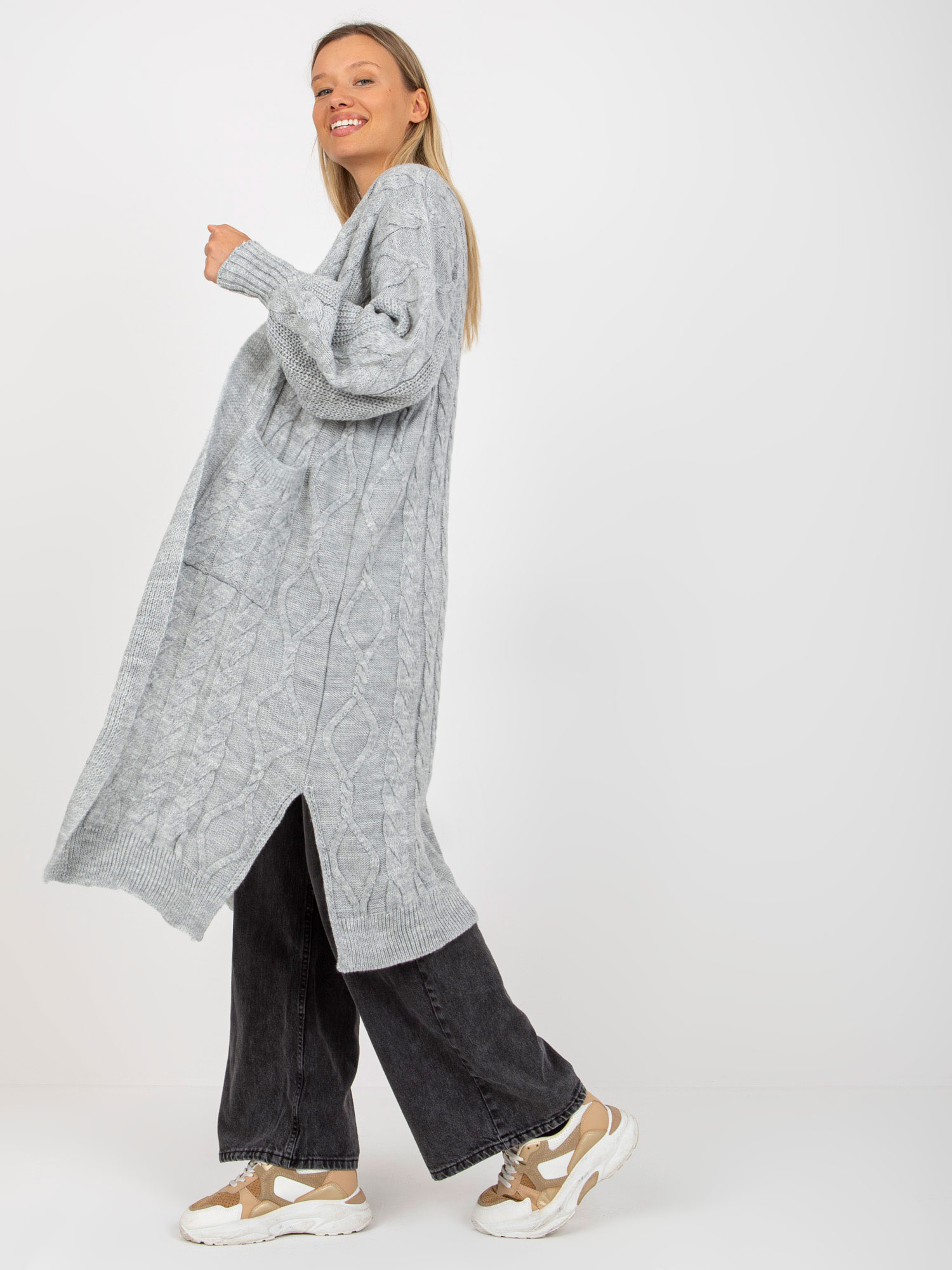 Hurtownia online Szary maxi kardigan w warkocze RUE PARIS 