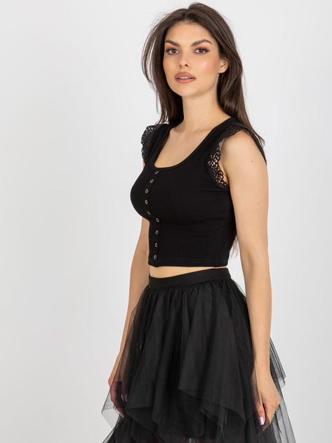 Hurt Czarna prążkowana bluzka z koronką przy rękawach