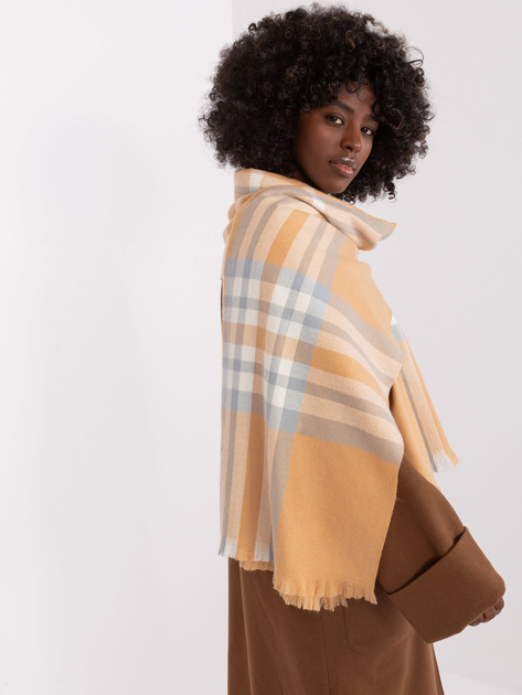 Hurt Camelowo-szary damski szal w kratę