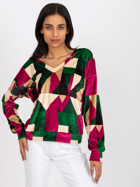 Zielono-fuksjowa wzorzysta bluzka z weluru Liliana