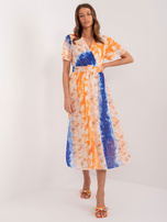 Hurt Pomarańczowo-niebieska wzorzysta sukienka z paskiem