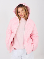 Pastel pink transitional jacket with a hood.