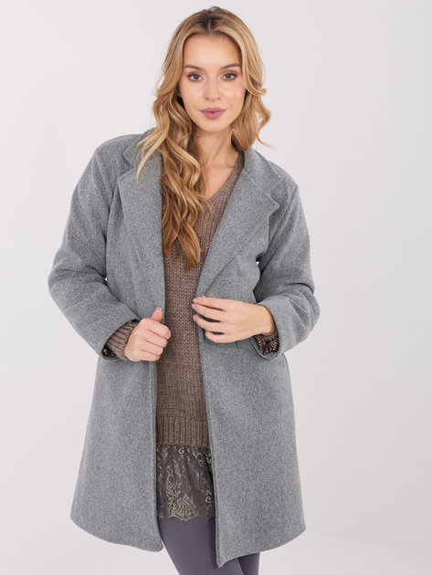 Ciemnoszary przejściowy płaszcz z kieszeniami