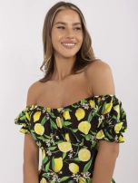 Black-yellow flared off-the-shoulder dress.