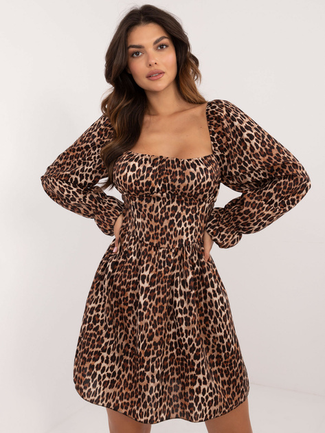 Hurt Beżowo-czarna sukienka z printem i kwadratowym dekoltem