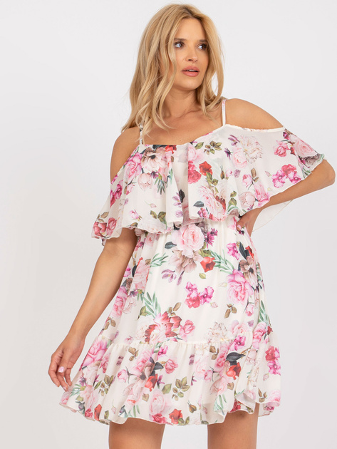 Jasnobeżowa mini sukienka w kwiaty z falbaną Nerissa OCH BELLA