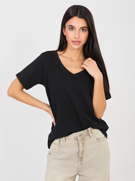 Czarny t-shirt basic z dekoltem V RUE PARIS