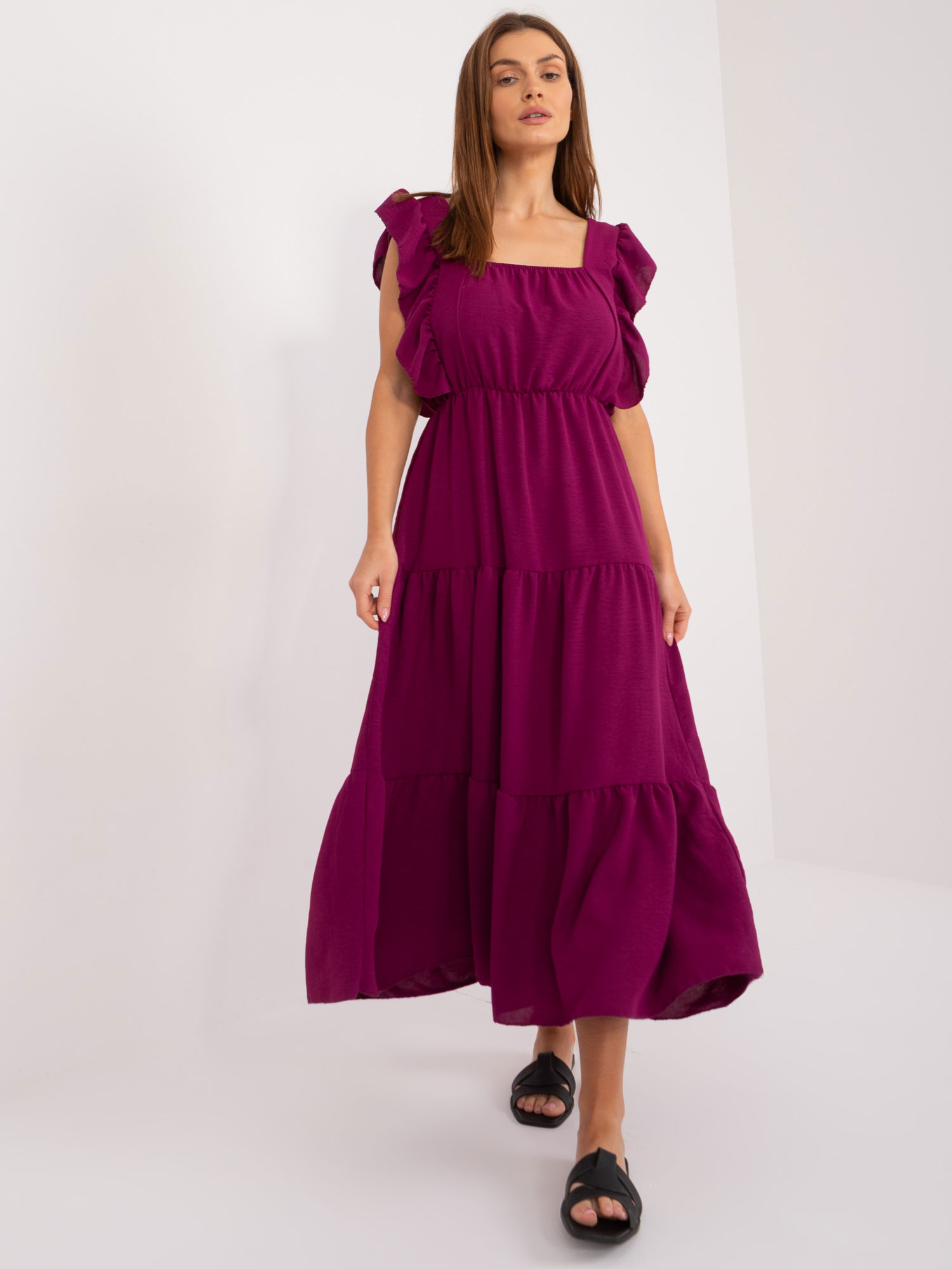 Wholesale Dark Purple Midi Dress with Ruffle