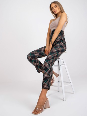 Czarno-zielone eleganckie spodnie z materiału w kratę