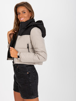 Hurt Czarno-beżowa krótka kurtka zimowa z kapturem