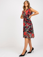 Black and red floral pleated midi dress