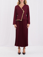 Burgundy pleated dress with contrasting trim.