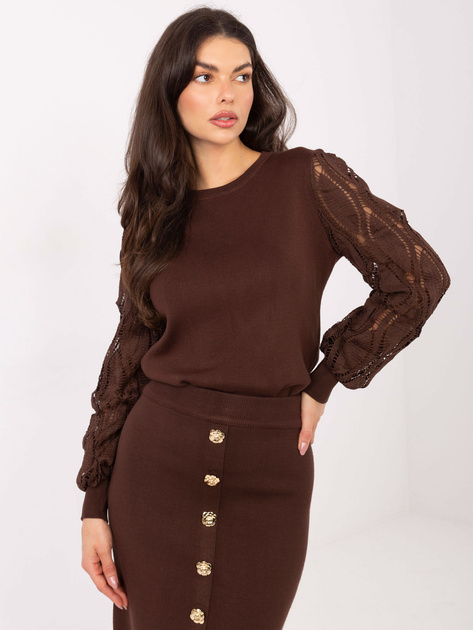 Brązowy elegancki sweter z okrągłym dekoltem