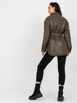 Hurtownia Khaki puchowa kurtka z ekoskóry z kieszeniami 