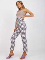 Ecru-fioletowe damskie spodnie garniturowe w kratę