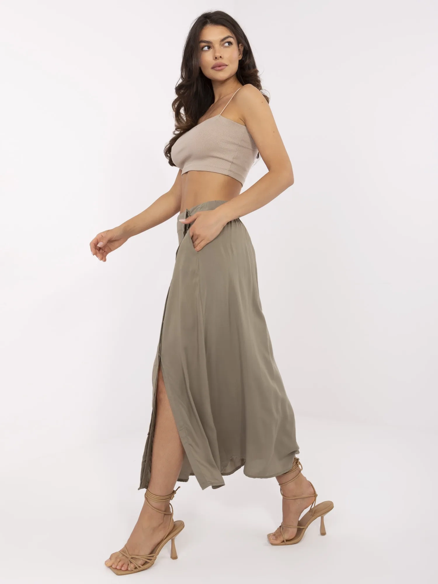 Khaki trapezowa spódnica z kieszeniami FRESH MADE 