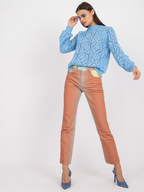 Niebieski ażurowy sweter klasyczny z długim rękawem RUE PARIS