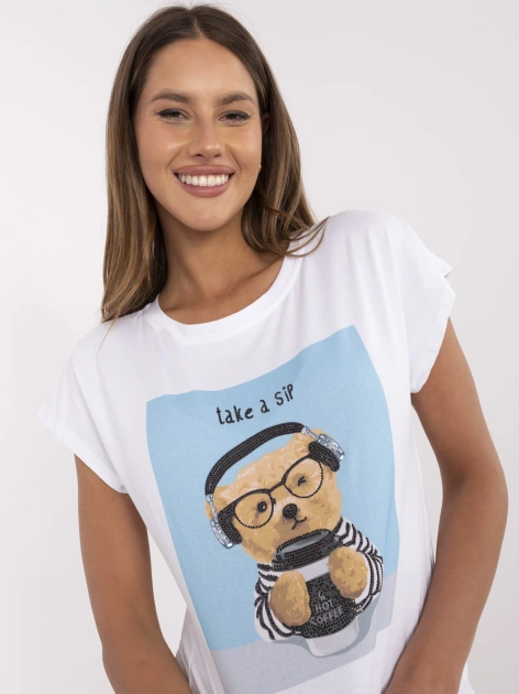 Biało-niebieski damski t-shirt z dżetami