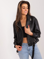 Hurtownia Czarna damska kurtka ramoneska z paskiem