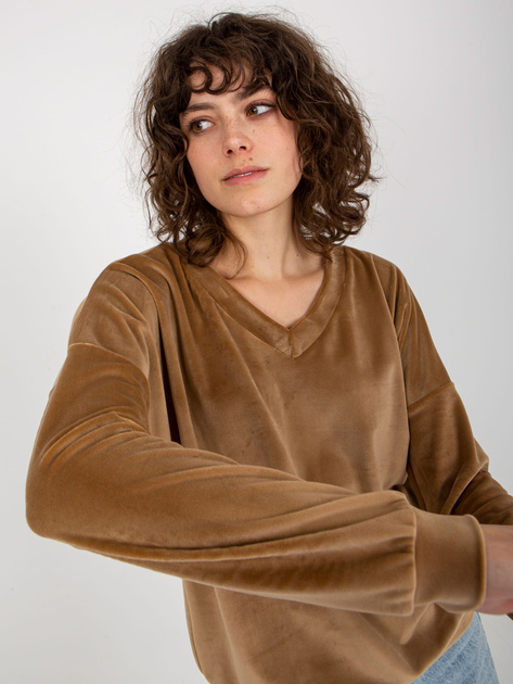 Hurt Camelowa welurowa bluza bez kaptura z dekoltem V
