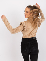 Ciemnobeżowa bluzka welurowa z falbanami Eugenie