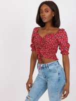 Czerwona krótka bluzka w kwiaty z marszczeniem RUE PARIS