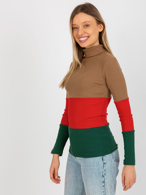 Hurt Ciemnocamelowo-czerwona prążkowana bluzka basic z golfem