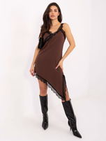 Brązowa asymetryczna sukienka z koronką