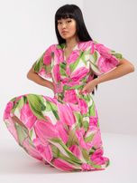 Różowo-zielona sukienka w kwiaty z kopertowym dekoltem 