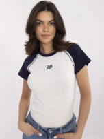 Ecru-granatowy damski t-shirt z haftem