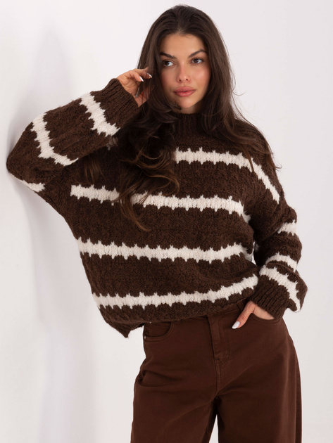 Brązowo-ecru damski sweter oversize w paski