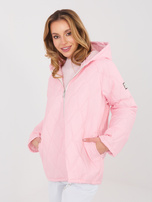 Pastel pink transitional jacket with a hood.