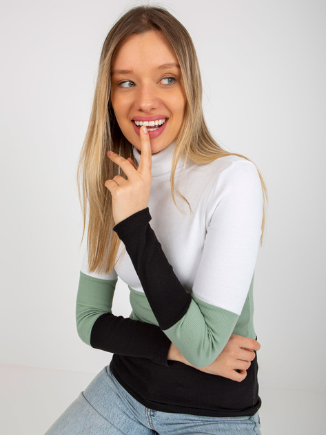 Hurt Ecru-pistacjowa damska prążkowana bluzka basic z golfem