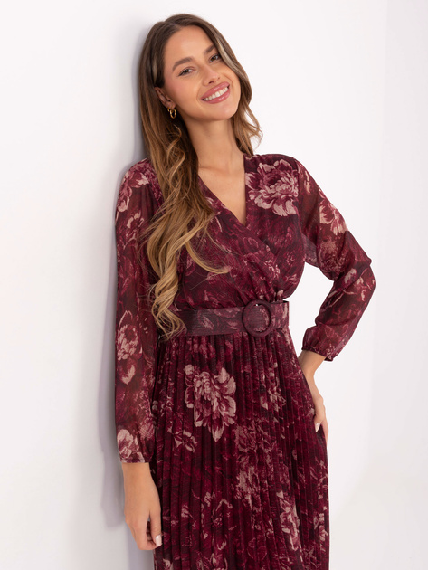 Burgundowa plisowana sukienka w kwiaty