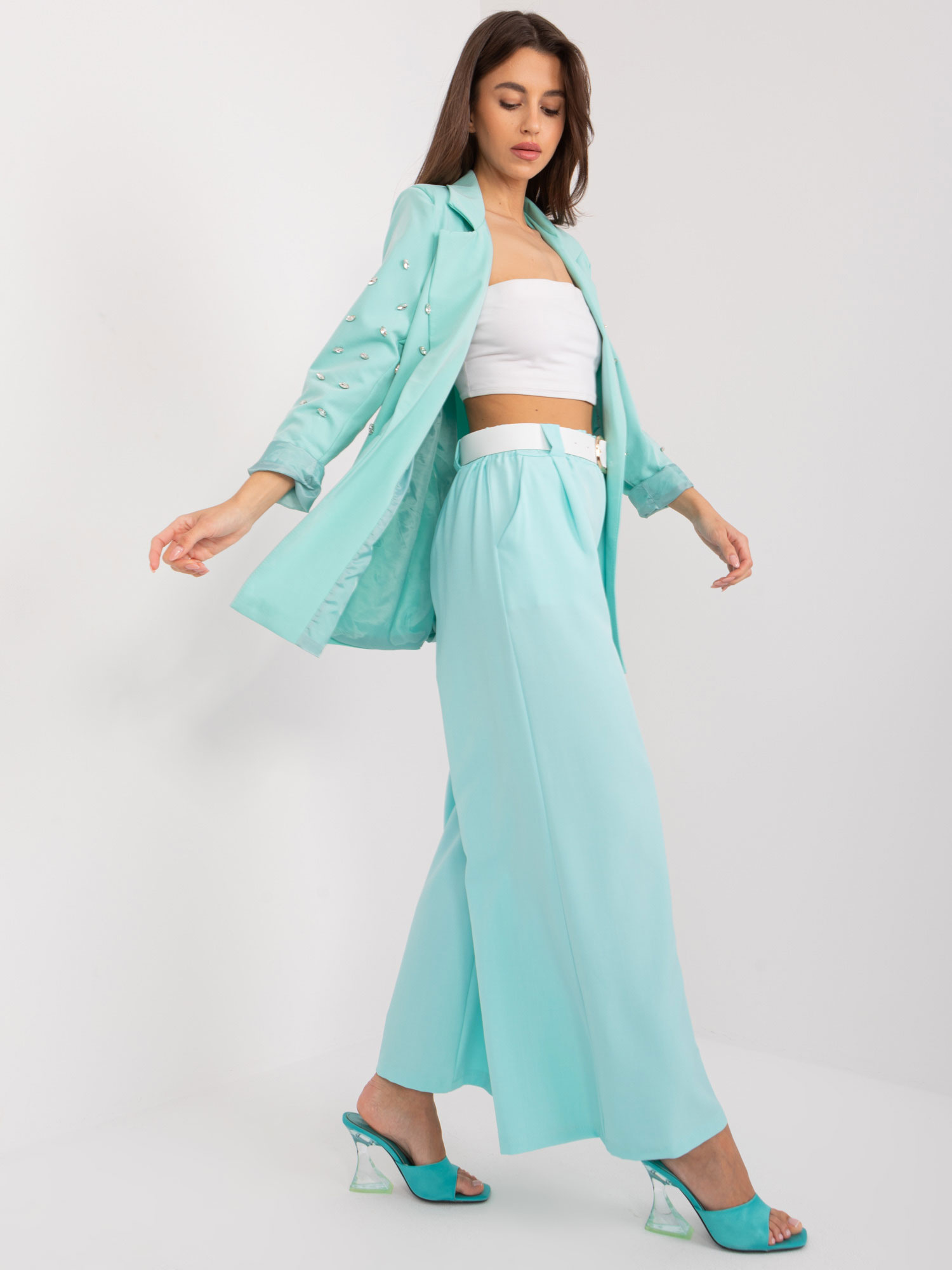 Hurt Miętowe materiałowe spodnie z gumką w pasie