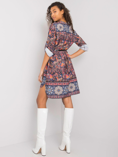 Granatowa wzorzysta sukienka z paskiem Moara