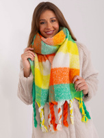 Hurt Zielono-pomarańczowy ciepły szal z kolorowymi frędzlami