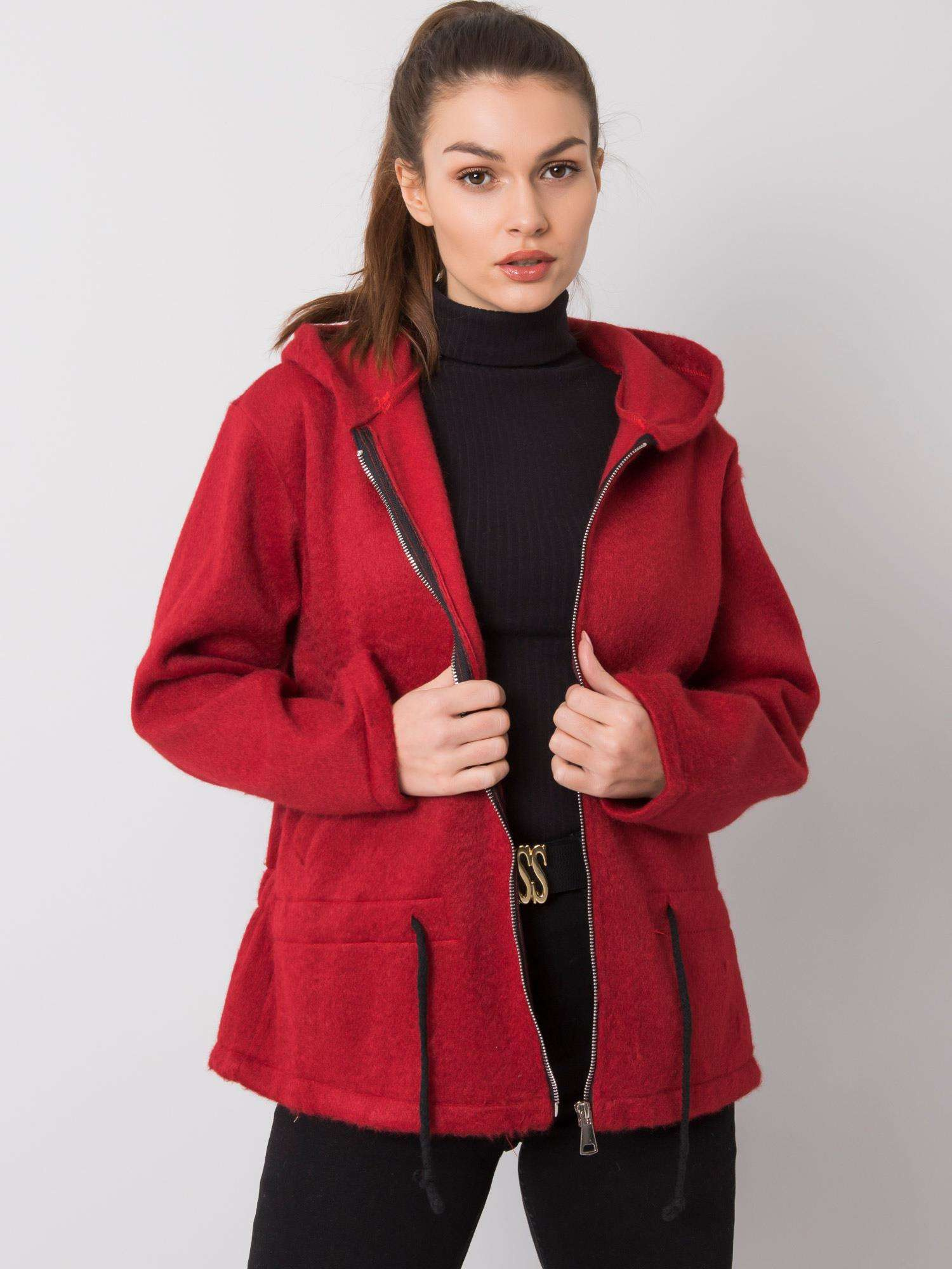 Audrey's burgundy coat