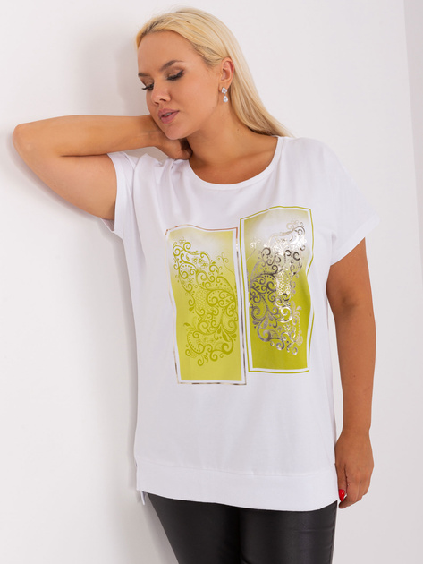 Hurt Ecru-limonkowa bluzka bawełniana plus size z krótkim rękawem