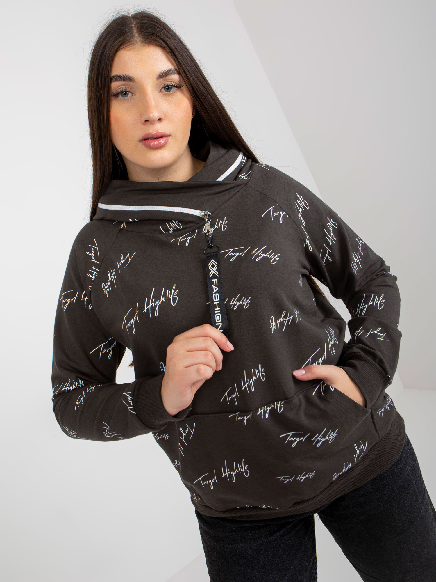 Hurt Khaki damska bluza plus size z kapturem i nadrukiem 