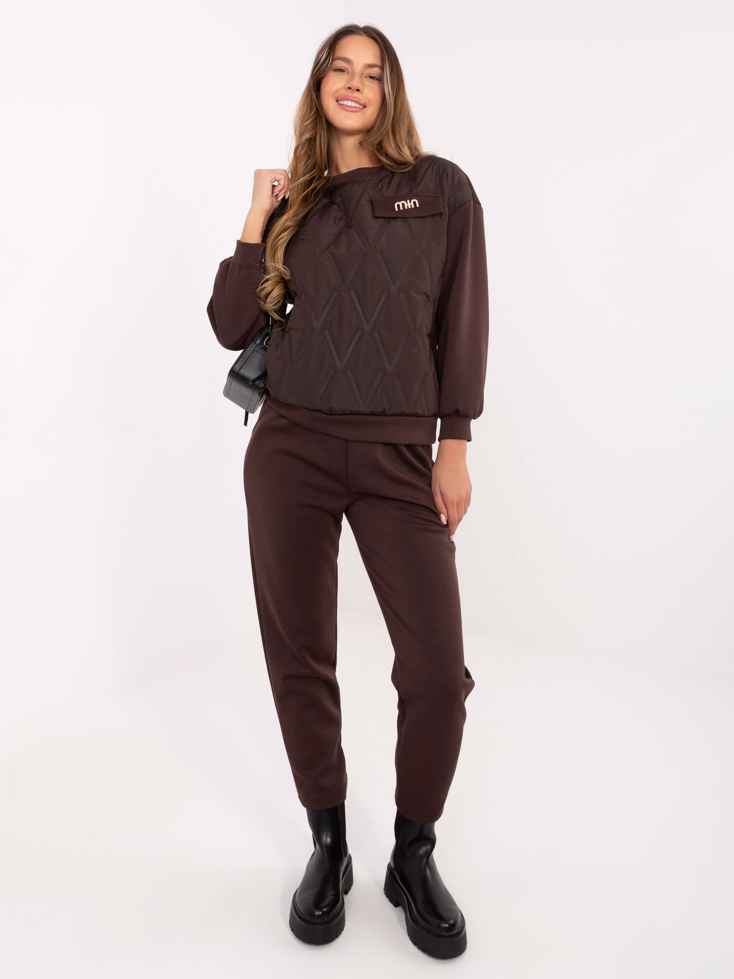 Dark brown quilted two-piece set.
