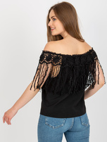 Hurt Czarna damska bluzka hiszpanka z frędzlami 