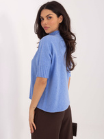 Blue women's sweater with ribbing.