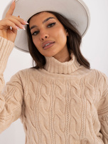 Hurtownia Beżowy sweter golf z ażurowym wzorem