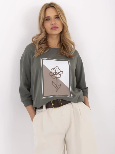 Hurt Khaki bawełniana bluzka damska z rękawem 3/4