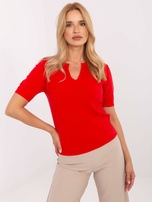 Red women's sweater with a V-neck.