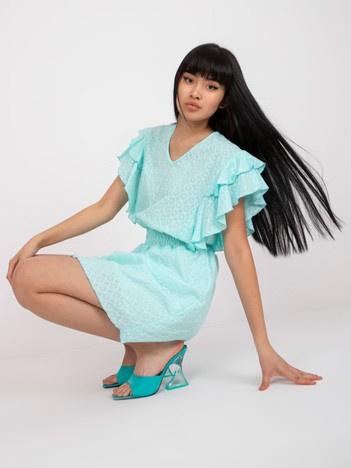 Miętowa mini sukienka na co dzień z falbankami na rękawach Kharisse