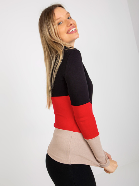 Hurt Czarno-czerwona bawełniana bluzka basic z golfem w prążek